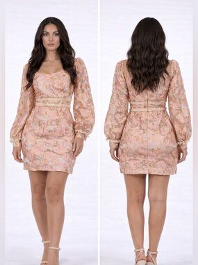 Pink Metallic Brocade Puff-Sleeve Mini Dress
